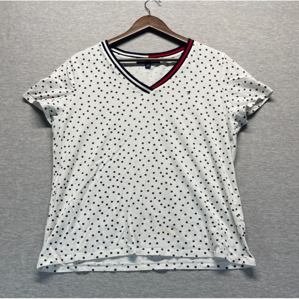 Tommy Hilfiger T-Shirt Womens XL White Black Polka Dots Cotton Cap Sleeve V-Neck